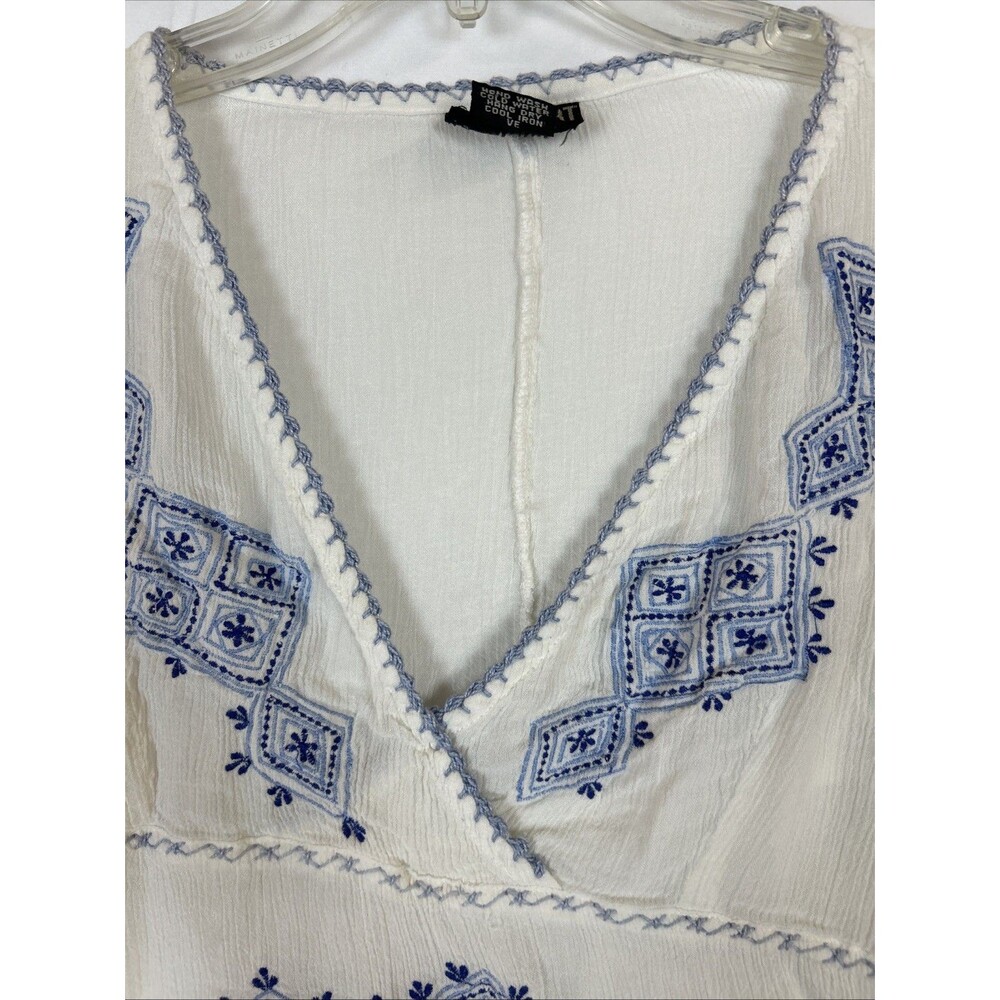Passport Cream& Blue Tribal Ethnic Tunic TOP Sz L Passport Handkerchief Sleeves - Picture 5 of 13